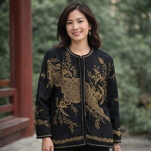 100% SILK VINTAGE Jacket with Gold Embroidery Womens Size Medium (Fits Big)